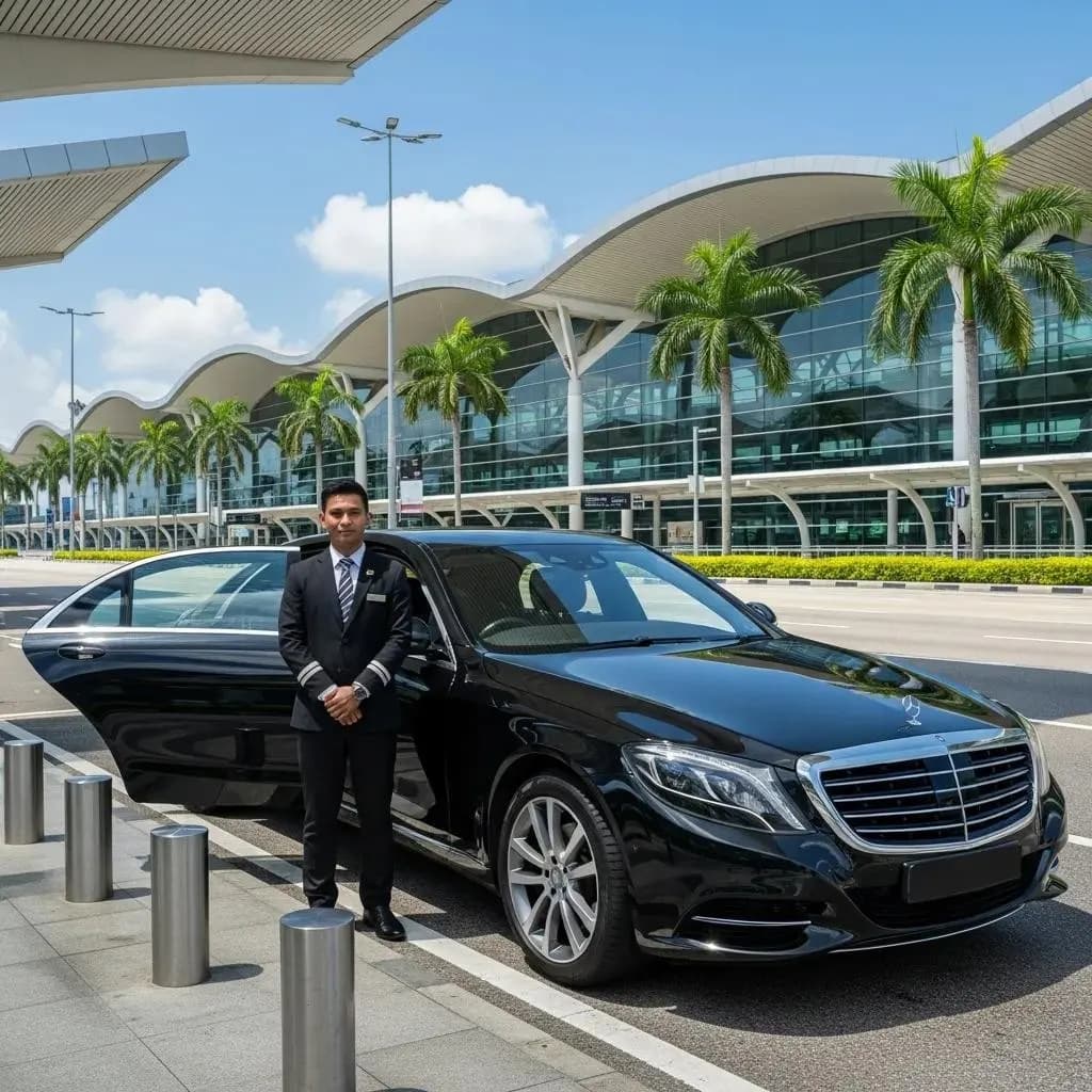 Chauffeur waiting beside a black Mercedes S-Class at the airport